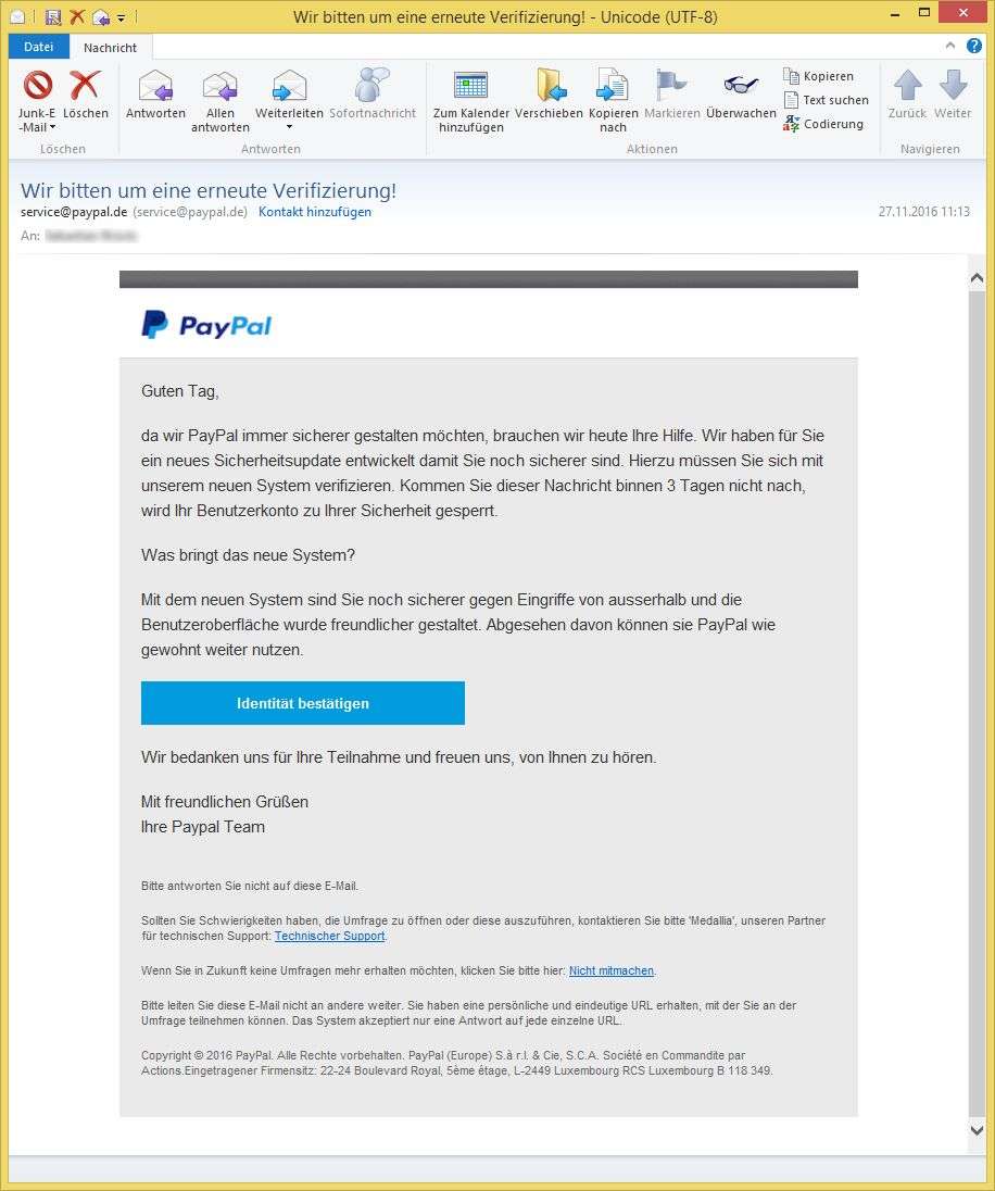 Wir Bitten Um Eine Erneute Verifizierung Von Service Paypal De Vorsicht E Mail