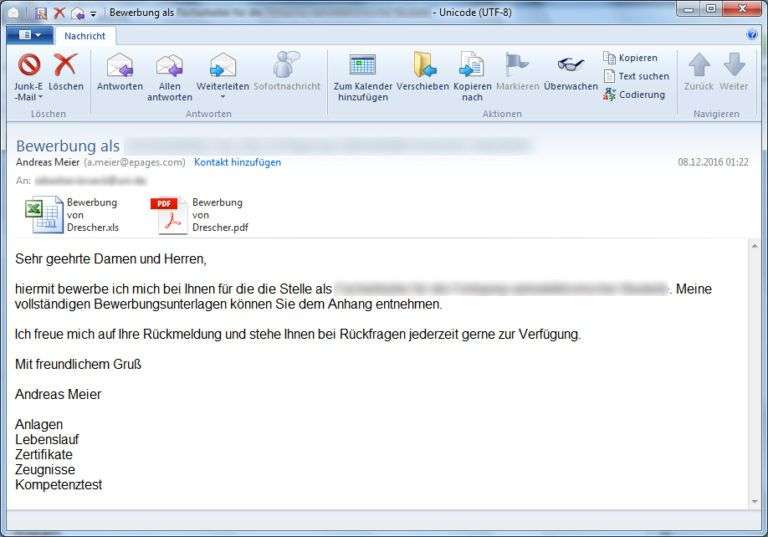 Bewerbung als (Stellenbezeichnung) von Rolf Drescher oder Andreas Meier Vorsicht EMail