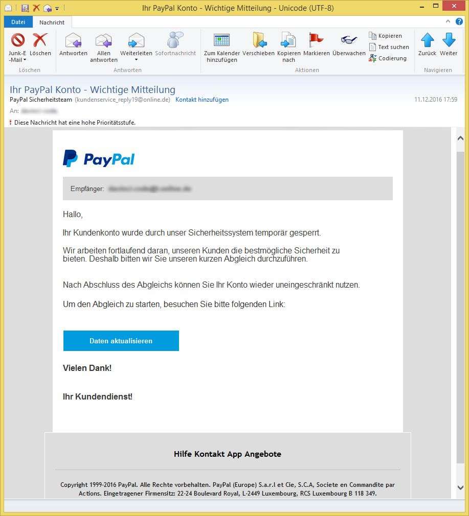 Paypal Sicherheitsteam Email