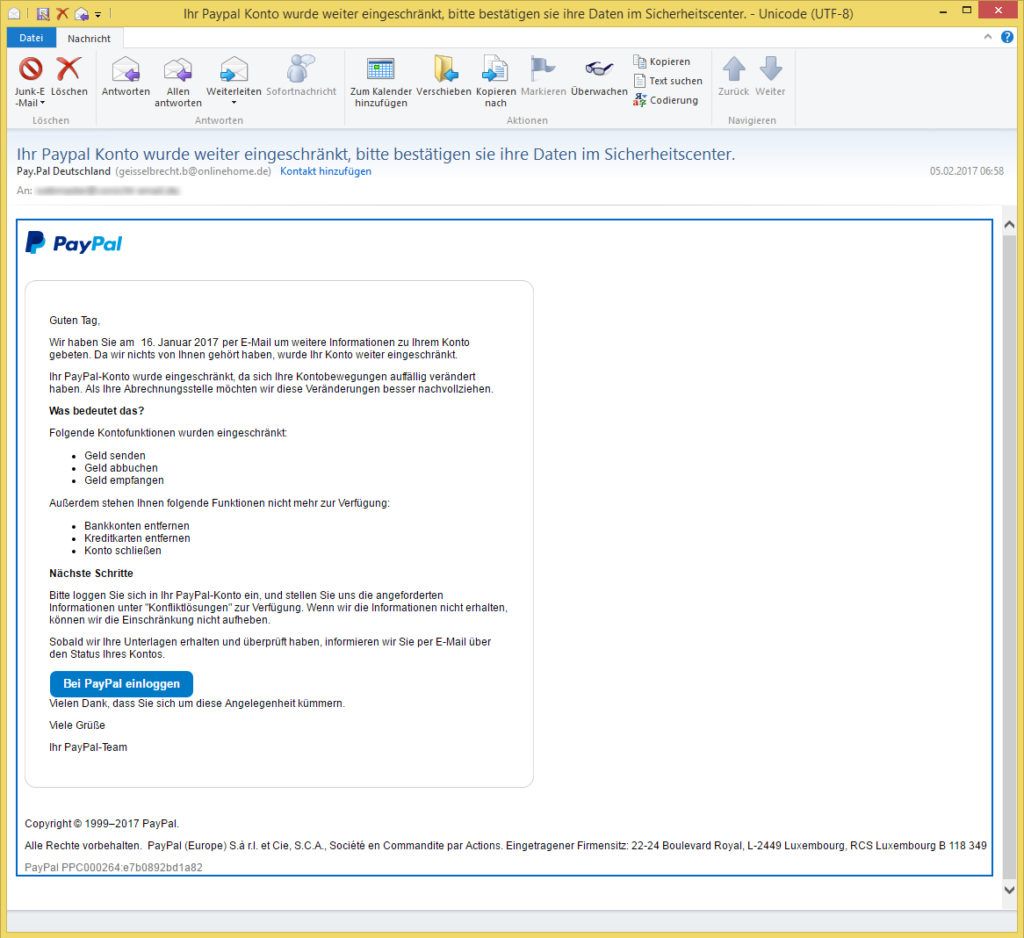 Ihr Paypal Konto wurde weiter eingeschränkt, bitte bestätigen sie ihre