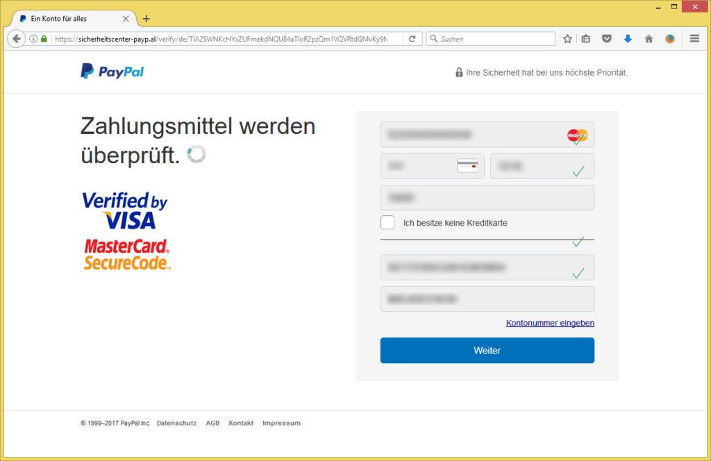wie schon am Vortag Unbefugter Zugriff auf Ihr Konto von PayPal
