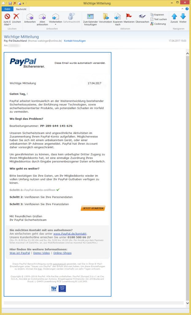 Wichtige Mitteilung von Pay-Pal Deutschland (thomas-watzinger@online.de