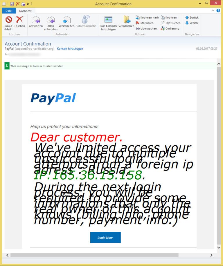 Account Confirmation von PayPal (support@pp-verification.org