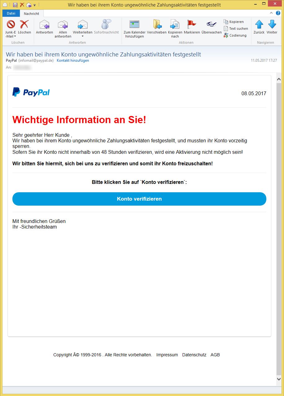 Paypal Sicherheitsteam Email
