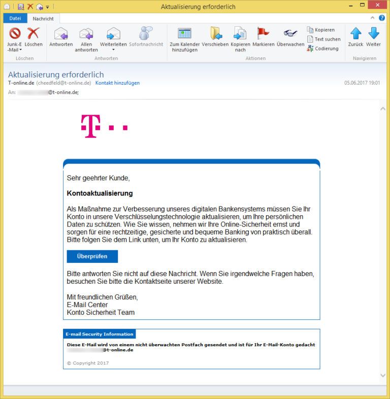Aktualisierung erforderlich von T-online.de (cheedfeld@t-online.de) – Vorsicht E-Mail