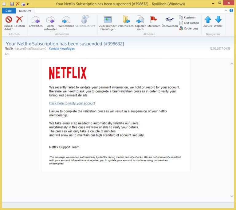 Your Netflix Subscription has been suspended [#398632] von Netflix