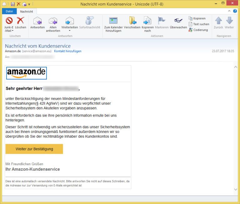Nachricht vom Kundenservice von Amazon.de (serviceamazon.eu