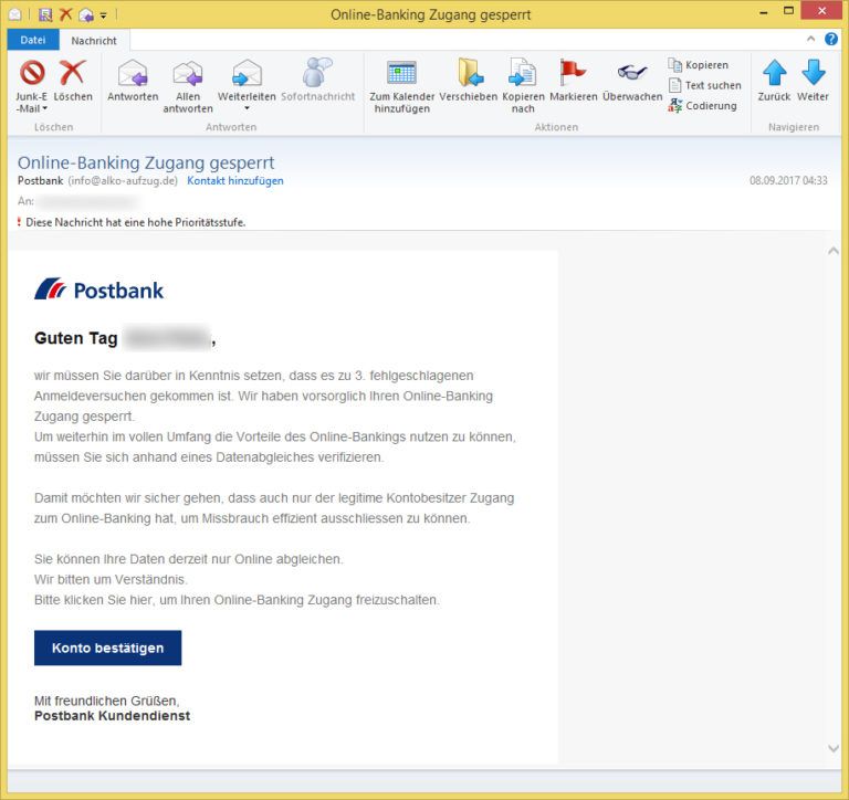 PostbankPhishing OnlineBanking Zugang gesperrt von Postbank (info