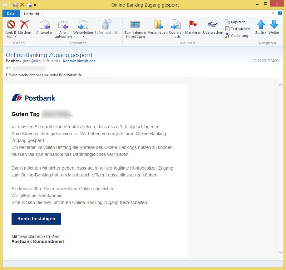 Postbank Phishing Online Banking Zugang Gesperrt Von Postbank Info Alko Aufzug De Vorsicht E Mail