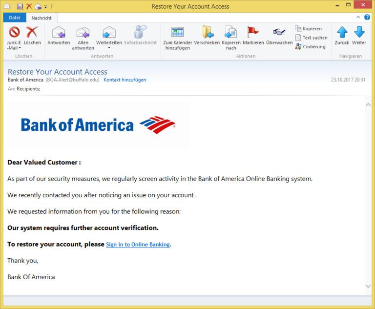 Restore Your Account Access von Bank of America (BOA.Alertbuffalo.edu