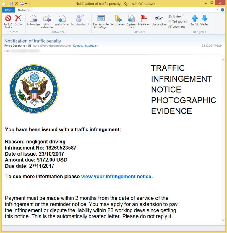 Notification of traffic penalty von Police Department US (policegov