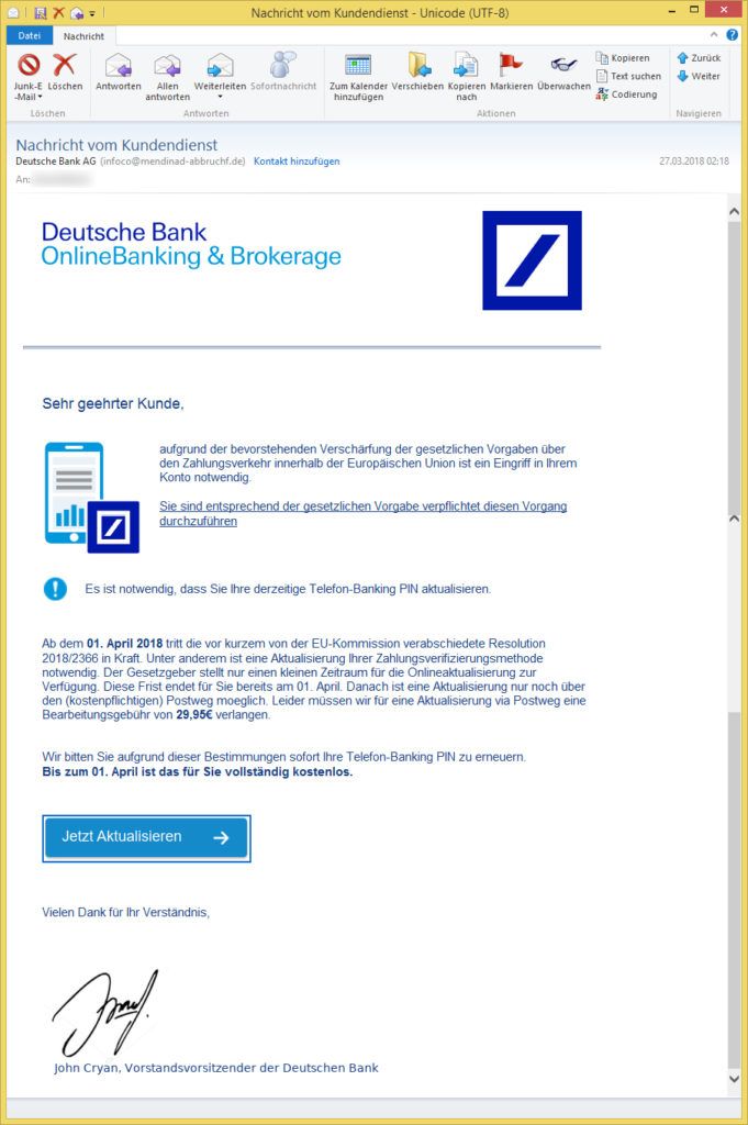 Nachricht Vom Kundendienst Oder Aktualisierung Ihres Telefon Banking Pin Von Deutsche Bank Ag 5927