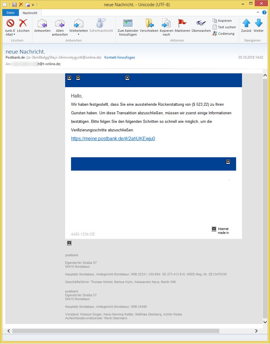 Neue Nachricht Von Postbank De Zz 3bm8bdgg59ayi 24rmvmlygyct6 Online De Ist Phishing Vorsicht E Mail