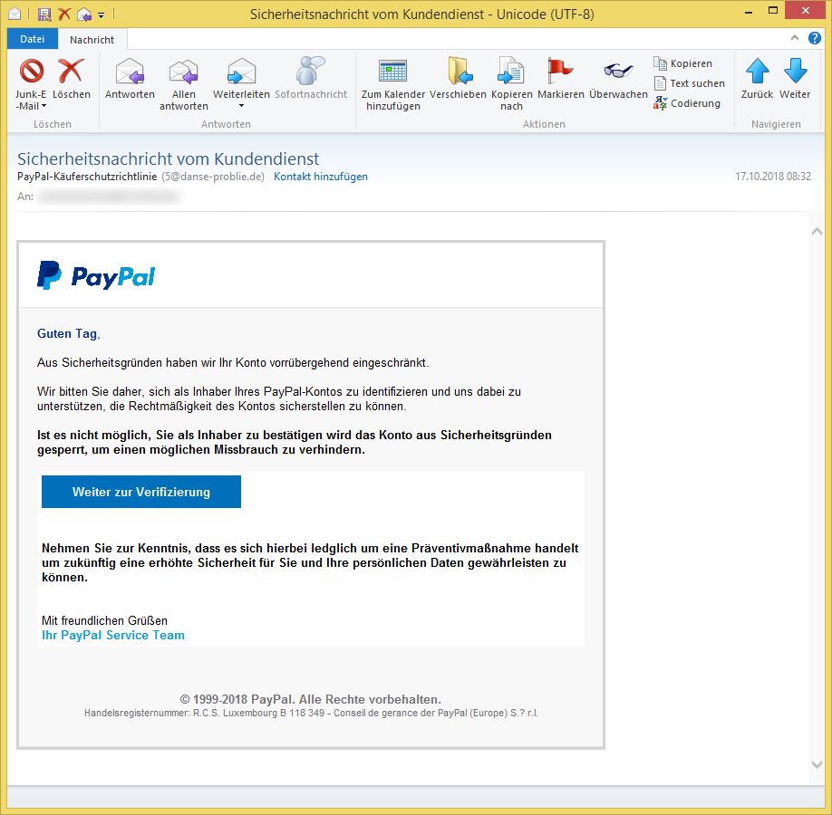Paypal Sicherheitsnachricht