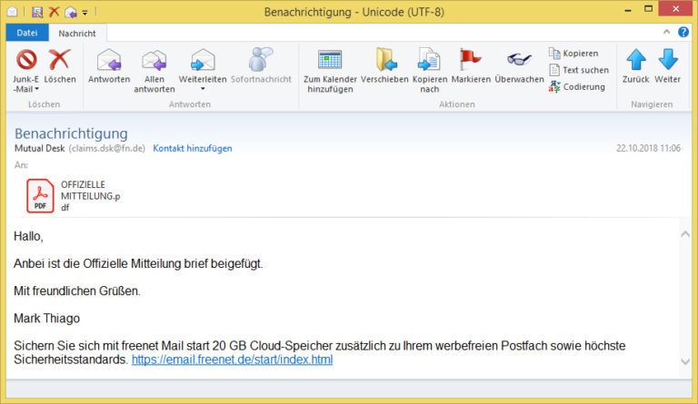 Benachrichtigung von Mutual Desk (claims.dsk@fn.de) ist ...